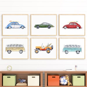 Vintage Car Print Set, Car Prints, Car Watercolors, Vintage Car Decor, Car Nursery Prints, California Beach Decor, Surf Art, Dorm Decor