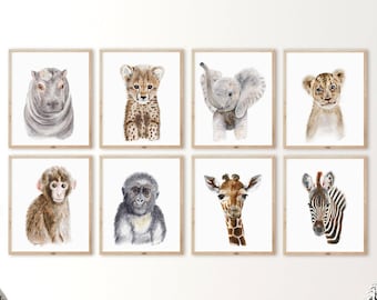 Safari Nursery Print Set, Baby Animal Prints, Safari Baby Room Decor, Safari Prints, Boho Baby Animal Art, Elephant, Hippo, Giraffe