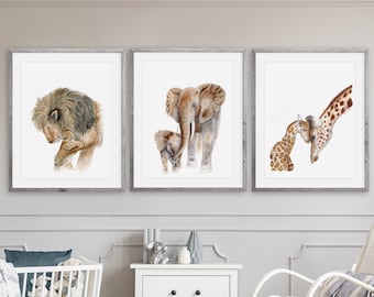 Baby Nursery Decor, Safari Nursery Print Set of 3, Dad Mom and Baby Animal Prints, Baby Room Art, Lion, Elephant, Giraffe, Choose Animals