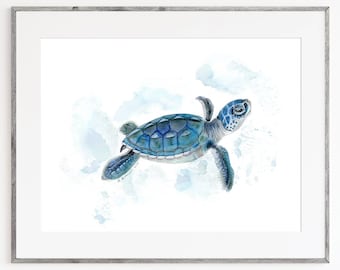 Sea Turtle Watercolor, Baby Sea Turtle, Art Print, Nursery Watercolor Print, Sea Turtle Art, Ocean Nursery Art, Girl Art, Boy Art, Blue