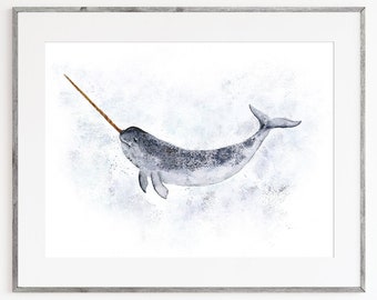 Narwhal, Whale Print, Narwhal Wall Art, Unicorn of the Sea, Whale Illustration, Nautical Nursery, Arctic Sea Life Print, Ocean Animal