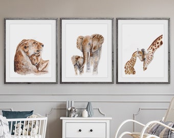 Mom and Baby Animal Prints, Safari Animal Print Set, Baby Nursery Decor, Mum and Baby Animal Watercolors, Lion, Elephant, Giraffe