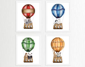Hot Air Balloon Nursery, Animals in Balloons Nursery Print Set, Baby Room Wall Décor, Adventure Prints