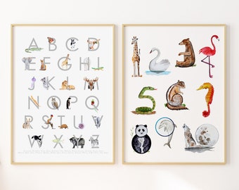 Alphabet Number Prints, Educational Posters, Animal Alphabet, Kids Number Art, Nursery Number Print, ABC 123 Nursery Prints, Playroom Decor