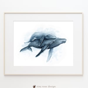 Humpback Whale Print, Ocean Nursery Wall Art, Nautical Nursery Decor, Sea Animal Nursery Art, Ocean Print, Mom and Baby Whale Watercolor image 3