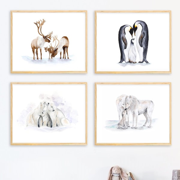 Animal Paintings, Arctic Nursery, Arctic Animal Prints, White and Gray Nursery Art, Baby Room Decor, Caribou Penguins Polar Bears Wolves