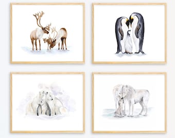 Animal Paintings, Arctic Nursery, Arctic Animal Prints, White and Gray Nursery Art, Baby Room Decor, Caribou Penguins Polar Bears Wolves