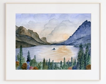 Glacier National Park Print, Travel Poster, Glacier Park Art, Watercolor Print, Wall Art, USA Travel Art, Montana Print, Housewarming Gift