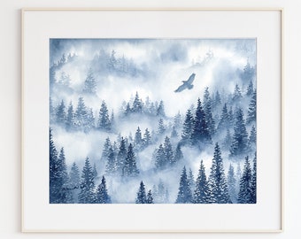 Foggy Alpine Woodland Print, Misty Forest Watercolor, Foggy Forest Wall Art, Scandi Forest Print, Nordic Landscape, Misty Trees Art, Indigo