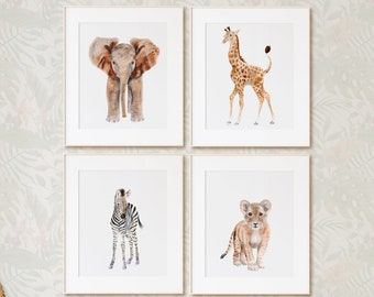 Safari Animals Print Set of 4 | Jungle Nursery Decor | Gender Neutral Cute Animal Prints | Baby Room Watercolors | Playroom Wall Art