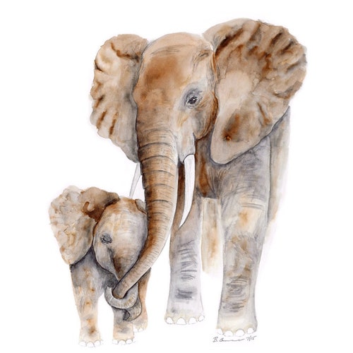 Elephant Gift Mom and Baby Elephant Watercolor Painting Etsy