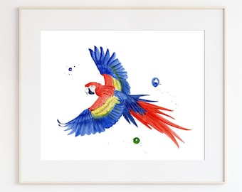 Scarlet Macaw Art, Parrot Watercolor, Tropical Wall Decor, Bird Art Print, Rainforest Nursery Art, Tropical Bird Print, Blue, Red, Yellow