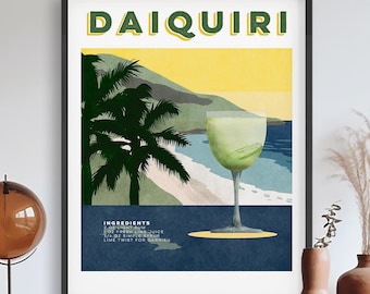 Daiquiri Recipe Poster | Vintage Cocktail Art | Retro Cuban Print | Home Bar Decor for Cocktail Lovers | Bartender Mixology Wall Art