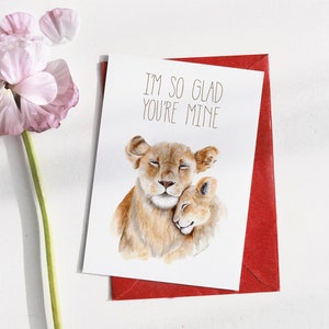 Carte de fête des mères, carte de maman animale, maman chat, carte pour maman, carte de fête des mères animales, carte lion, carte de nouvelle maman, carte de vœux des mères