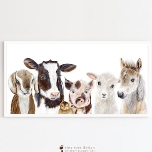 Barnyard Animals Print, Panoramic Nursery Art, Farm Baby Room Decor, Animal Watercolor Wall Art, Barn Nursery Decor, PAPER, CANVAS, FRAMED