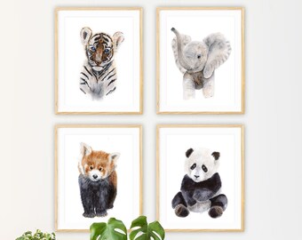 Jungle Baby Animal Prints, Animal Watercolor Nursery Print Set, Asian Jungle Nursery Decor, Baby Animal Print, Customize Animal Choices