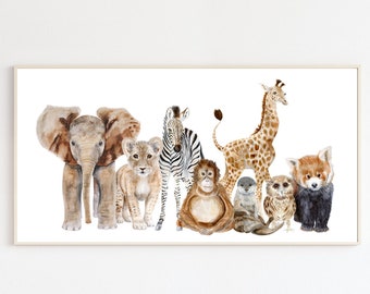 Panoramic Safari Nursery Art – Baby Animal Watercolor Wall Decor