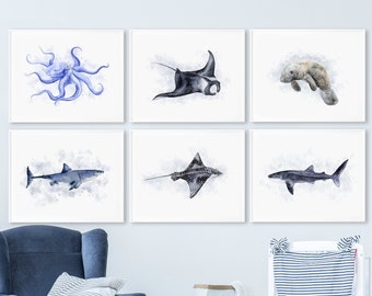 Sea Animal Print Set of 6, Ocean Wall Art, Ocean Nursery Prints, Watercolor Nursery Art, Ocean Decor, Manta Ray, Whale Shark, Customize Art