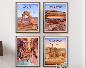 National Park Travel Posters, Set of 4, National Park Wall Art, Utah National Park Decor, Travel Prints, Canyonlands, Arches, Zion, Bryce