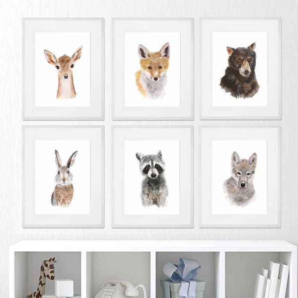 Tableaux encadrés - Affiches de chambre de bébé des bois - oeuvre d'art pour chambre d'enfant encadrée - oeuvre d'art de bébé encadrée - Art animalier de la forêt - Lot de 6 impressions - Or - Blanc