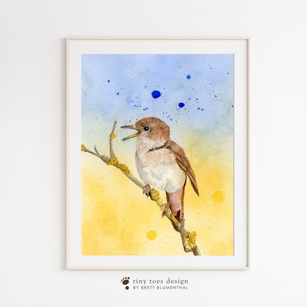 Aquarelle rossignol, impression d'art oiseau chanteur, impression Audubon, cadeau observation d'oiseaux, cadeau de collecte de fonds en Ukraine, peinture d'oiseau, bleu, jaune, art aviaire