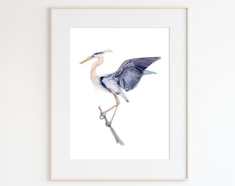 Aquarel blauwe reiger, Audobon wetenschappelijke illustratie, wetland Bird Wall Art, Florida Marsh Wildlife, reiger print, kustdecor