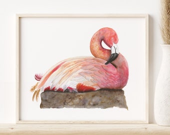 Baby Flamingo Art, Flamingo Nursery Print, Pink Flamingo Decor, Tropical Bird Watercolor, Tropical Coastal Wall Art, Baby Girl Nursery Decor