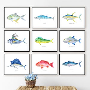 Fish Print Set, Fishing Art Prints, Fish Watercolors, Gifts for Men, Angling Fish Decor, Kitchen Wall Art, Man Cave Decor, Sport Fishing Art