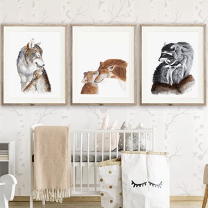 Woodland Animals Print Set, Mom and Baby Animal Prints, Animal Watercolor Nursery Art, Baby Room Decor, Wolf Nursery Decor, Fox Art, Raccoon