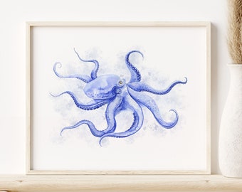 Blue Octopus Wall Art - Ocean Nursery or Bathroom Decor - Watercolor Print for Sea Life Lovers - Octopus Art Print