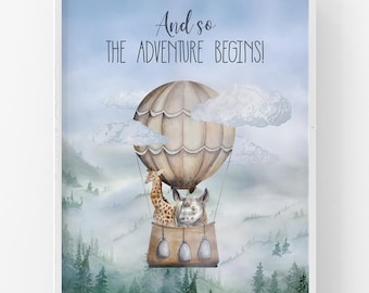 Adventure Nursery Wall Art | Giraffe and Rhino Balloon Print | Baby Room Decor | Safari Theme | Playroom Art | Neutral Kids Print