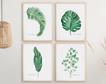 Tropical Wall Art, Botanical Print, Set of 4 Prints, Botanical Watercolor, Tropical Leaf Print, Tropical Decor, Monstera, Banana Leaf, Palm