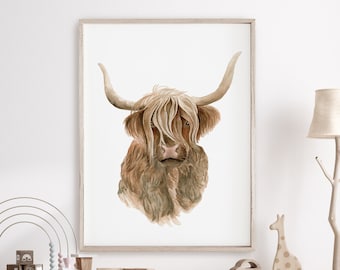 Farm Nursery Decor - Highland Cow Watercolor - Farm Animal Nursery Art - Cow Nursery Print - Farmhouse Kitchen Wall Art - Farm Baby Room Art