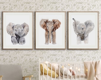 Elephant Nursery Decor, Baby Elephant Wall Art, Print Set of 3, Elephant Animal Prints, Nursery Watercolors, Safari Baby Room Art, Girl, Boy