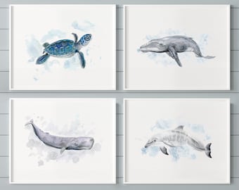 Ocean Nursery Prints, Nautical Baby Decor, Sea Life Prints, Ocean Animal Wall Art, Baby Ocean Nursery Decor, Marine Mammal Watercolors