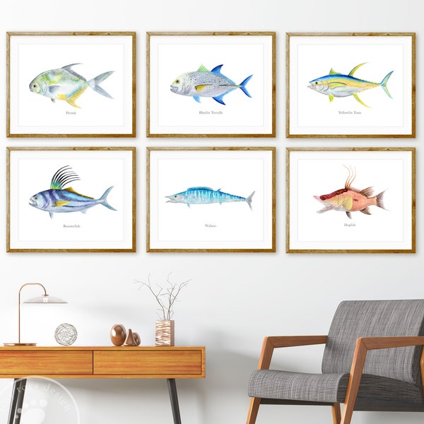 Fish Prints, Fishing Wall Art, Angler Fish Art, Deep Sea Fishing Print Set, Gifts for Men, Florida Decor, Kitchen Wall Art, Man Cave Decor