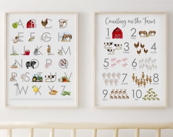 Farm Nursery Decor, Alphabet Number Prints, Educational Posters, Farm Animal ABCs and 123s, Farmhouse Nursery Art, Barnyard Playroom Decor