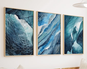 Blue Watercolor Abstract Art | Icelandic Art Prints | Ice Paintings | Modern Home Decor | Set of 3 | Paper, Canvas or Framed