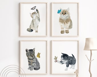 Kitten Print Set - Cat Nursery Decor - Kitten and Butterfly Watercolor - Kitten Playroom Art - Baby Girl Room - Boy Wall Art - Set of 4