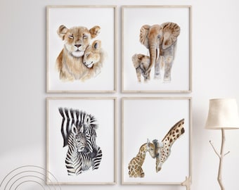 Framed Safari Nursery Art | Set of 4 | African Animals Baby Room Decor | Mother and Baby Animal Prints | Canvas Option