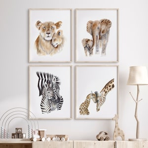 Framed Safari Nursery Art | Set of 4 | African Animals Baby Room Decor | Mother and Baby Animal Prints | Canvas Option
