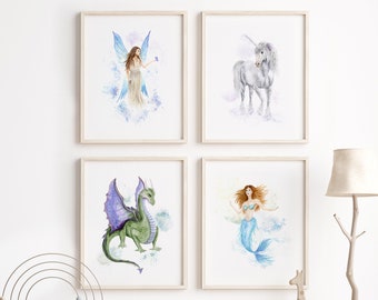 Princess Nursery Print Set - Fairy Tale Nursery Prints - Princess Room Decor - Nursery Decor - Unicorn - Mermaid - Fairy - Dragon - Fantasy