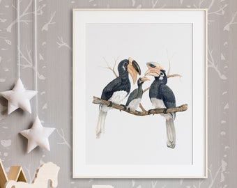 Malabar Pied Hornbill Family Print, Hornbill Watercolor Art, Hornbill Nursery Print, Family of Birds Nursery Decor, Indian Baby Room