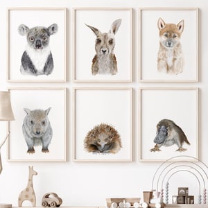Australian Animal Nursery Decor - Set of 6 Prints | Baby Animal Watercolors | Framed, Canvas or Paper | Kangaroo, Koala, Wombat, Platypus