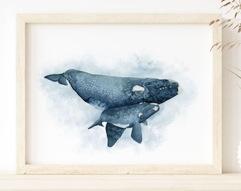 Whale Nursery Decor | Right Whale Painting | Mom and Baby Animal Watercolor | Ocean Baby Room Wall Art | Coastal Decor | Australian