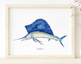 Sailfish Watercolor Painting, Sailfish Art Print, Man Cave Fish Decor, Scientific Illustration, Deep Sea Fishing, Vintage Fish Print, Gift