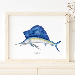 Sailfish Watercolor Painting, Sailfish Art Print, Man Cave Fish Decor, Scientific Illustration, Deep Sea Fishing, Vintage Fish Print, Gift