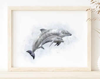 Dolphin Print, Ocean Nursery Art, Nautical Baby Room Decor, Sea Animal Wall Art, Ocean Animal Print, Mom and Baby Dolphin Watercolor