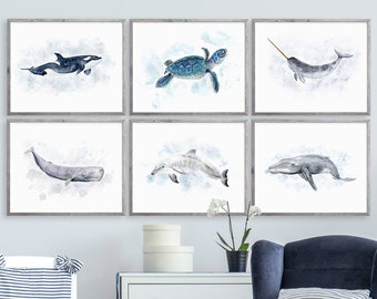 Ocean Animal Prints, Nautical Nursery Art, Ocean Nursery Print Set of 6 Prints, Sea Nursery Decor, Sea Animal Watercolors, Ocean Wall Art