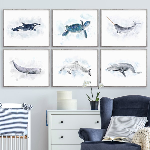 Ocean Animal Prints, Nautical Nursery Art, Ocean Nursery Print Set of 6 Prints, Sea Nursery Decor, Sea Animal Watercolors, Ocean Wall Art